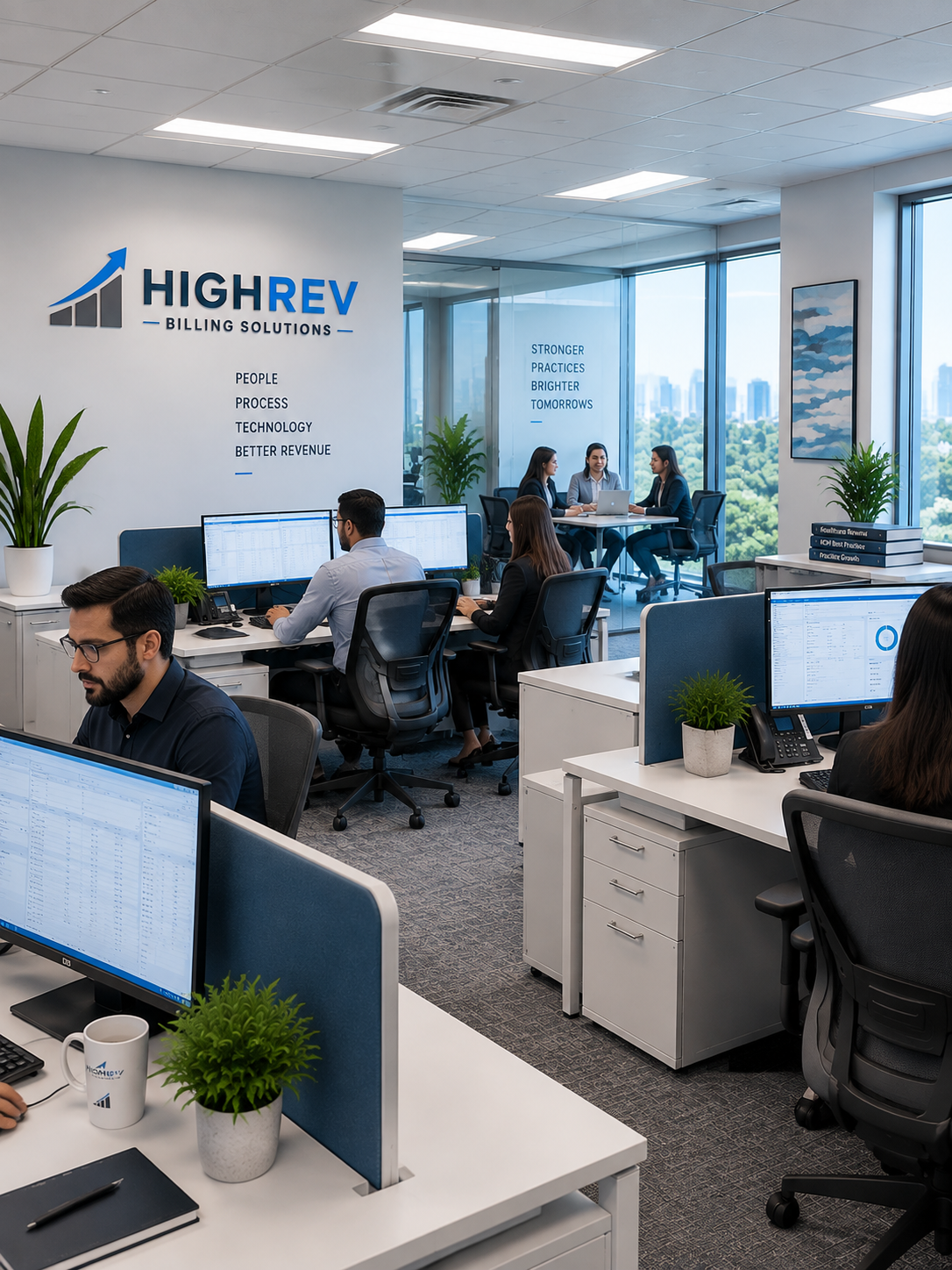 HighRev Billing Solutions team working in a branded office
