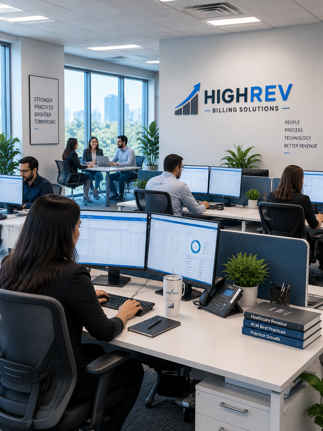 HighRev Billing Solutions team working in a branded office